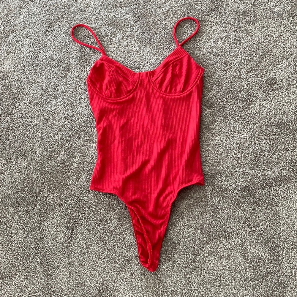 Polly & Esther Bright Red Ribbed Underwire Bodysuit SIZE S Stretchy Fitted